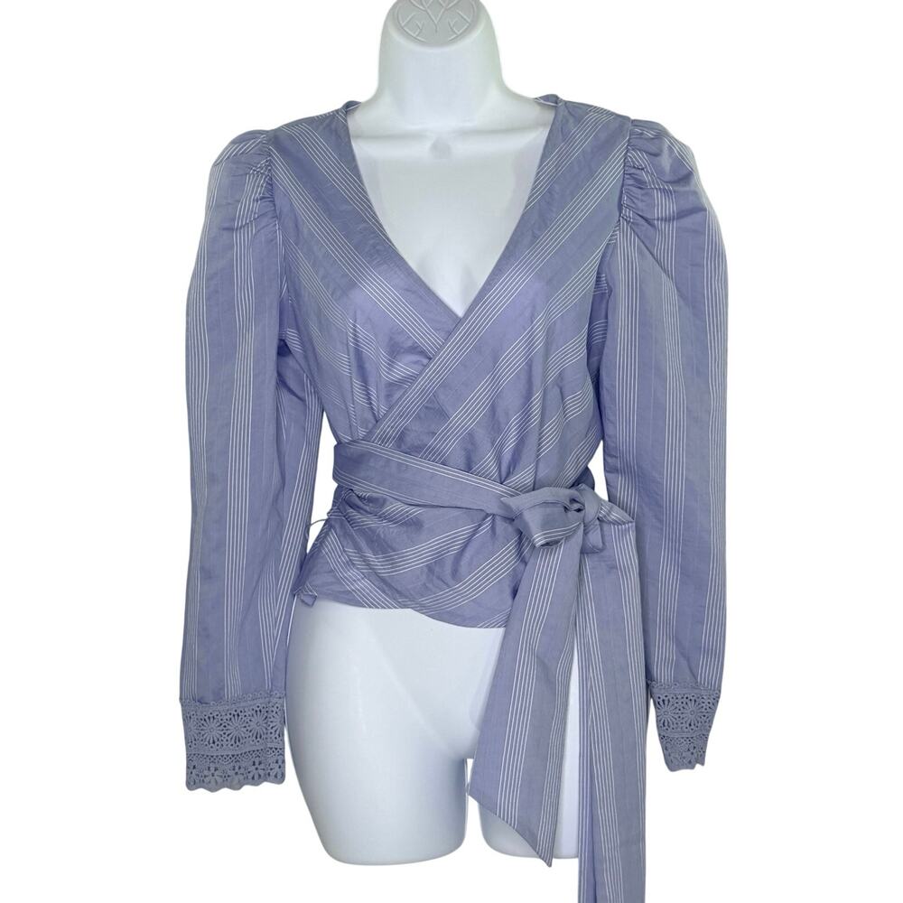 Shabby Chic True Wrap Blouse XS Blue White Striped Lace Detail Cuff